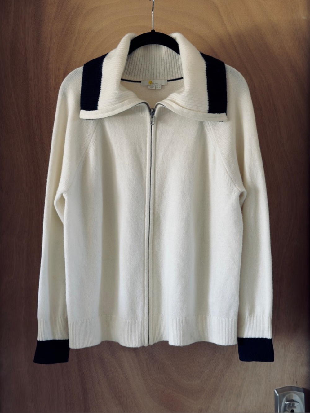 Boden Wool Blend Zip Sweater Jacket Cream Black Colorblock High Collar Womens 10
